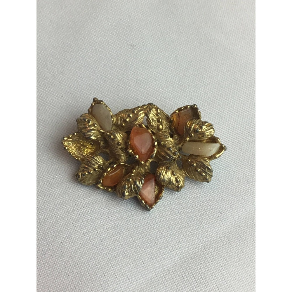 Vintage gold tone citrine rose quartz leaf brooch pin old money regency